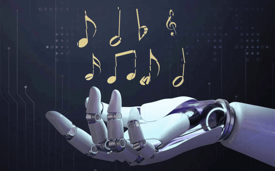 Mano di robot che crea delle note musicali
